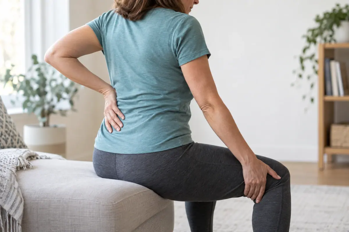 Illustrative image of a seated woman holding her lower back and leg