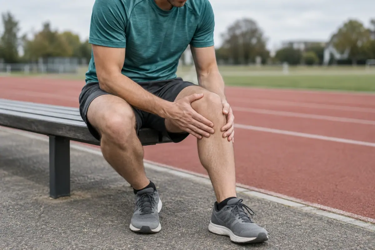 Illustrative image of a runner holding his knee beside a running track